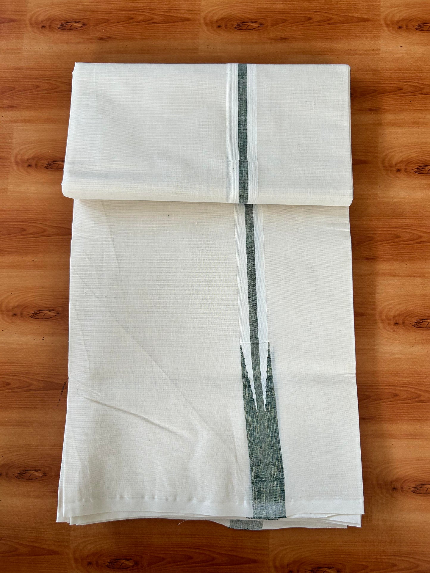 Double Off white Mundu/Dhoti - 20% Discount! KaithariKada Balaramapuram 100% Cotton - 100x100 - 1 inch Puliyilakkara Gold Kasav & Green Shaded Chutty Kara 4 mtr (8.5 muzham) - 1 KK5442 ASH
