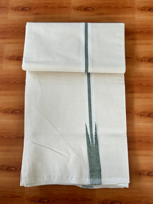 Double Off white Mundu/Dhoti - 20% Discount! KaithariKada Balaramapuram 100% Cotton - 100x100 - 1 inch Puliyilakkara Gold Kasav & Green Shaded Chutty Kara 4 mtr (8.5 muzham) - 1 KK5442 ASH