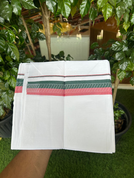 20% Discount ! Kaitharikada Balaramapuram 100% Cotton Pure White Double Mundu/Dothi - 100x80 - 1.5 inch Dark Green & Pink Design Kara 3.80 mtr (8 muzham) - 27 KK5359 THI