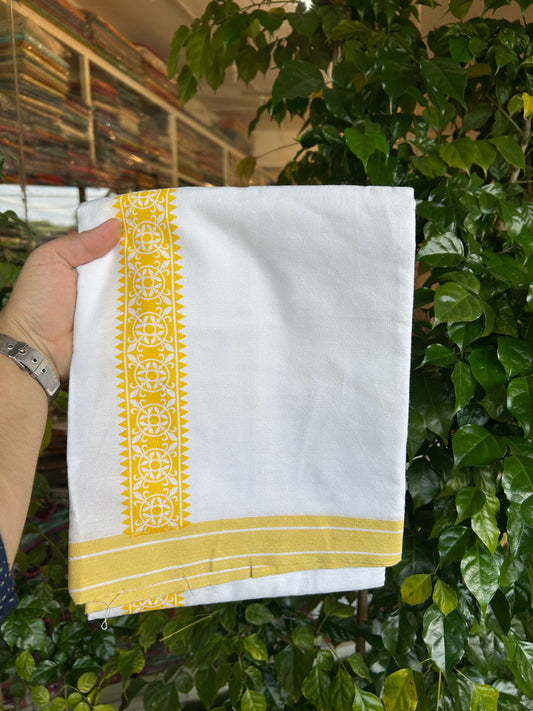 Kaitharikada - Polyster Mixed Cotton - (20s) - Pure white Single Kaily / Lungi - 1.75 inch Yellow Printed Kara with White colour body (2 meter / 4 muzham) - 8 KK8047 SAT