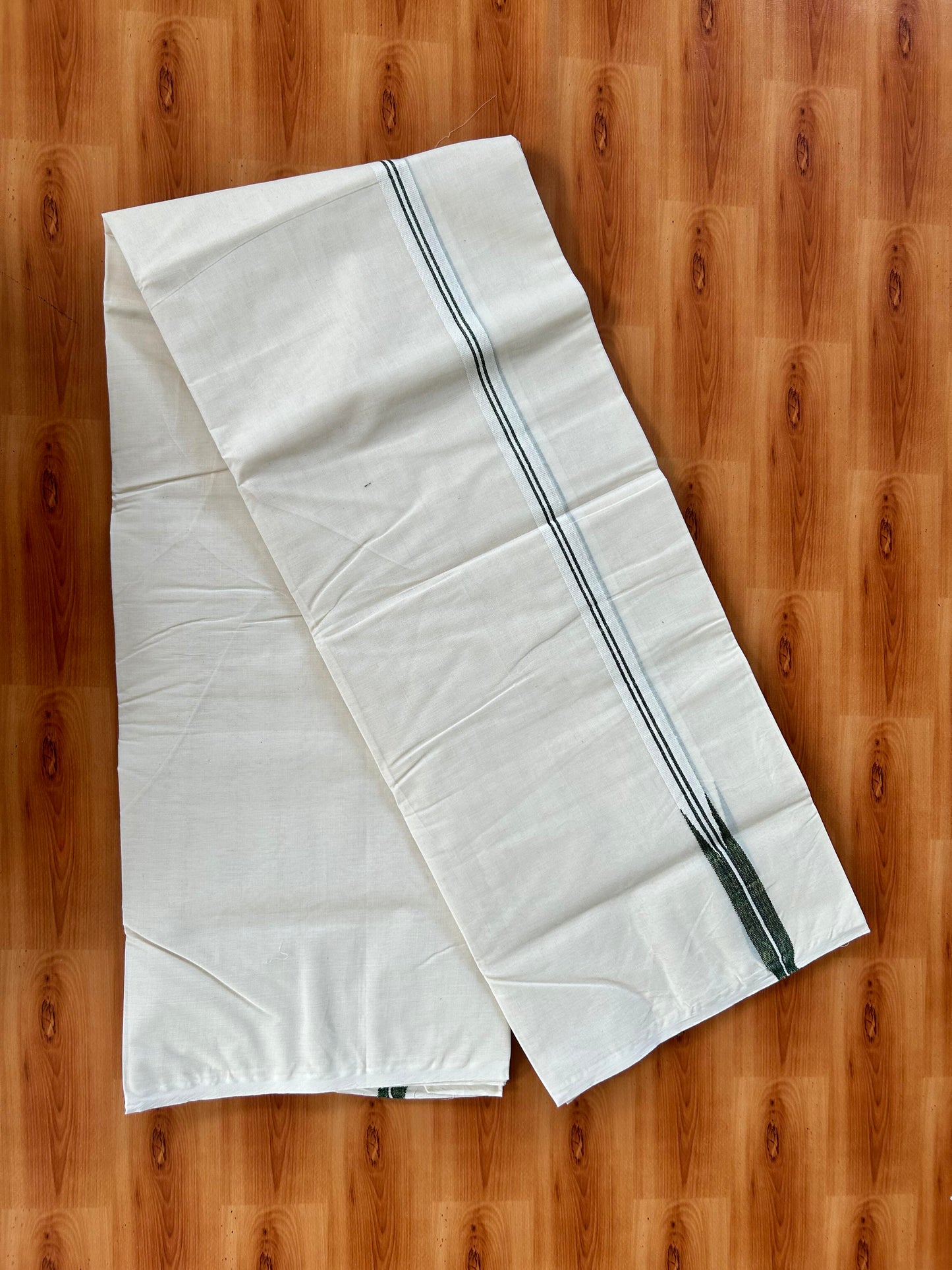 Double Off white Mundu/Dhoti - 20% Discount! KaithariKada Balaramapuram 100% Cotton - 100x100 - 1 inch Puliyilakkara Gold Kasav & Green Shaded Chutty Kara 4 mtr (8.5 muzham) - 4 KK5442 ASH