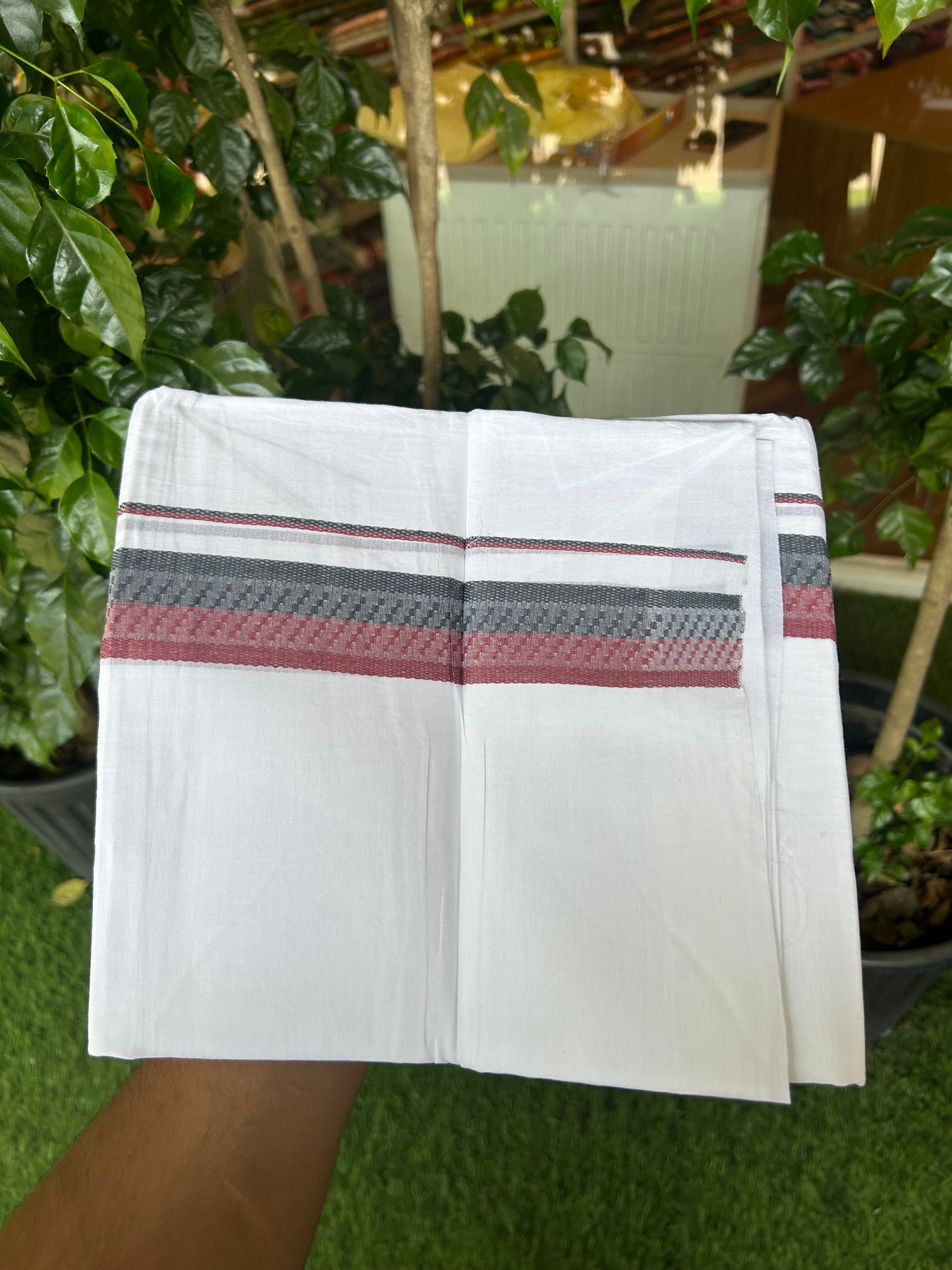 20% Discount ! Kaitharikada Balaramapuram 100% Cotton Pure White Double Mundu/Dothi - 100x80 - 1.5 inch Ash & Dusty Maroon Design Kara 3.80 mtr (8 muzham) - 33 KK5359 THI
