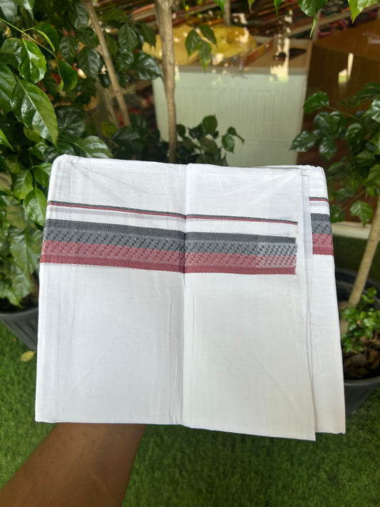 20% Discount ! Kaitharikada Balaramapuram 100% Cotton Pure White Double Mundu/Dothi - 100x80 - 1.5 inch Ash & Dusty Maroon Design Kara 3.80 mtr (8 muzham) - 33 KK5359 THI