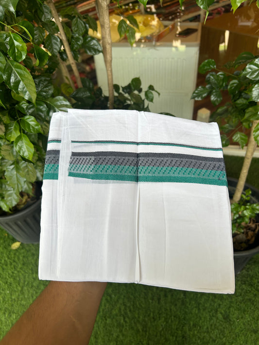 20% Discount ! Kaitharikada Balaramapuram 100% Cotton Pure White Double Mundu/Dothi - 100x80 - 1.5 inch Green & Navy Blue Kara 3.80 mtr (8 muzham) - 38 KK5359 THI