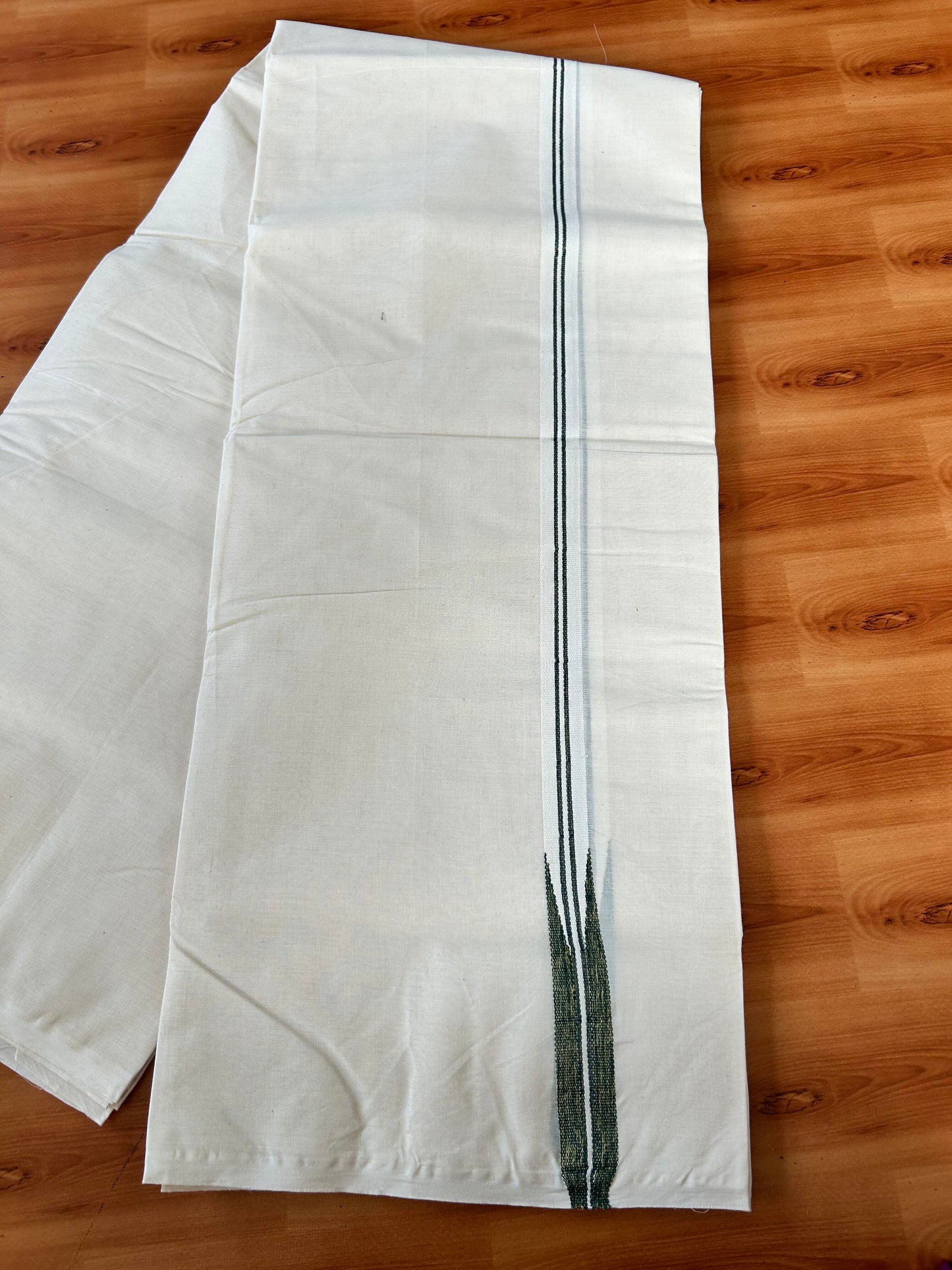 Double Off white Mundu/Dhoti - 20% Discount! KaithariKada Balaramapuram 100% Cotton - 100x100 - 1 inch Puliyilakkara Gold Kasav & Green Shaded Chutty Kara 4 mtr (8.5 muzham) - 4 KK5442 ASH