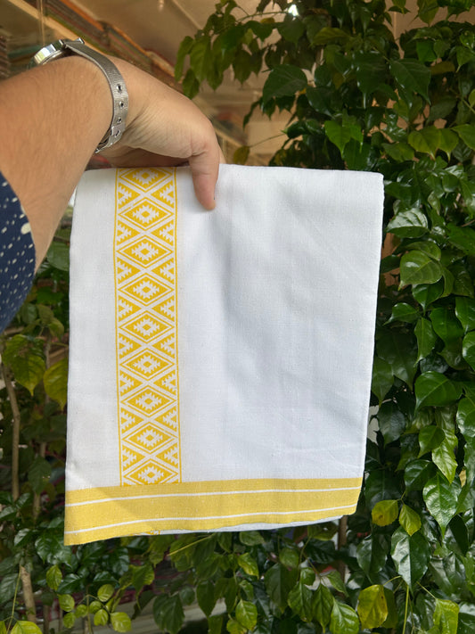Kaitharikada - Polyster Mixed Cotton - (20s) - Pure white Single Kaily / Lungi - 2 inch Yellow Printed Kara with White colour body (2 meter / 4 muzham) - 7 KK8047 SAT