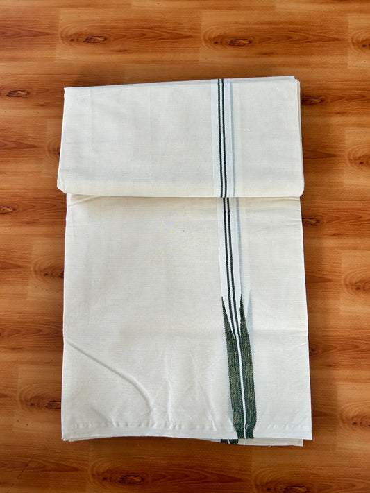 Double Off white Mundu/Dhoti - 20% Discount! KaithariKada Balaramapuram 100% Cotton - 100x100 - 1 inch Puliyilakkara Gold Kasav & Green Shaded Chutty Kara 4 mtr (8.5 muzham) - 4 KK5442 ASH