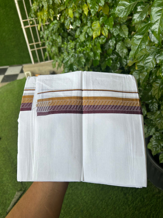 20% Discount ! Kaitharikada Balaramapuram 100% Cotton Pure White Double Mundu/Dothi - 100x80 - 1.5 inch Dark Golden Yellow & wine Purple  Design Kara 3.80 mtr (8 muzham) - 31 KK5359 THI