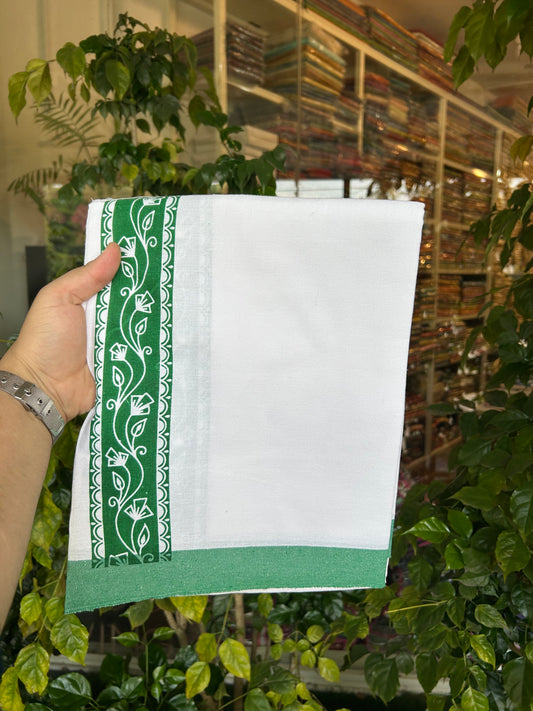 Kaitharikada - Polyster Mixed Cotton - (20s) - Pure white Single Kaily / Lungi - 2.25 inch Green Printed Kara with White colour body (2 meter / 4 muzham) -  2 KK8047 SAT