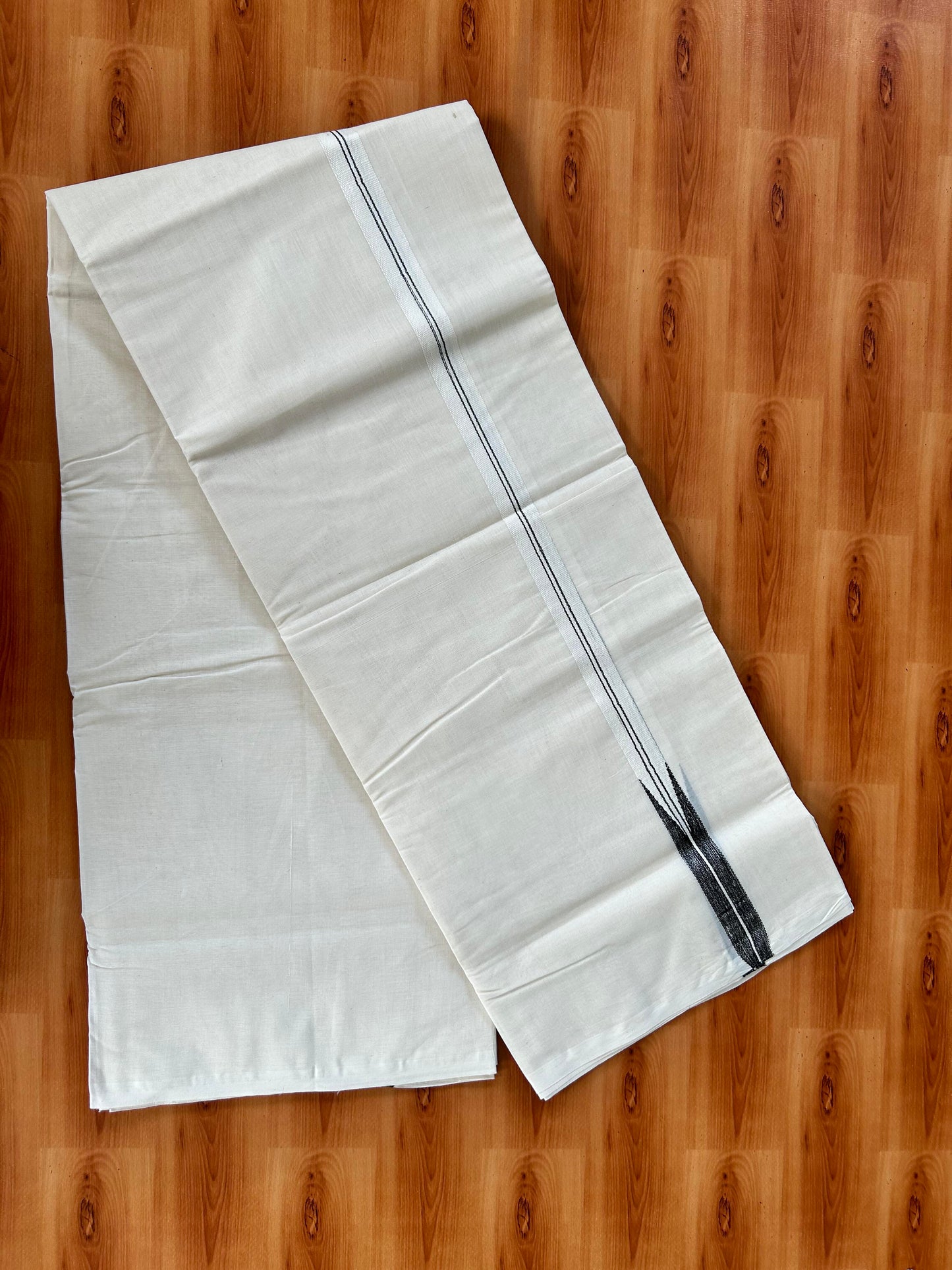 Double Off white Mundu/Dhoti - 20% Discount! KaithariKada Balaramapuram 100% Cotton - 100x100 - 1 inch Puliyilakkara Silver Kasav & Black Shaded Chutty Kara 4 mtr (8.5 muzham) - 5 KK5442 ASH