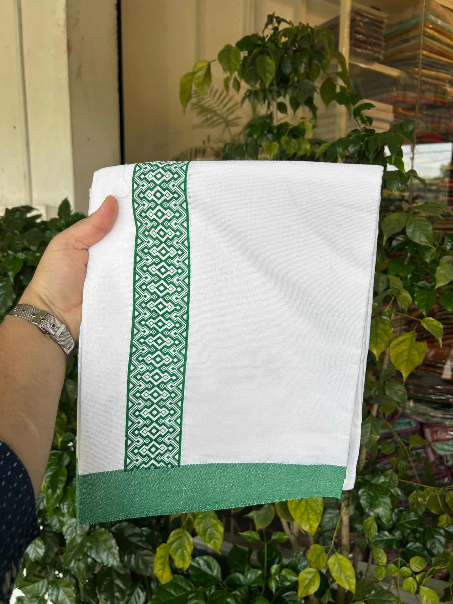 Kaitharikada - Polyster Mixed Cotton - (20s) - Pure white Single Kaily / Lungi - 2 inch Green Printed Kara with White colour body (2 meter / 4 muzham) -  1 KK8047 SAT