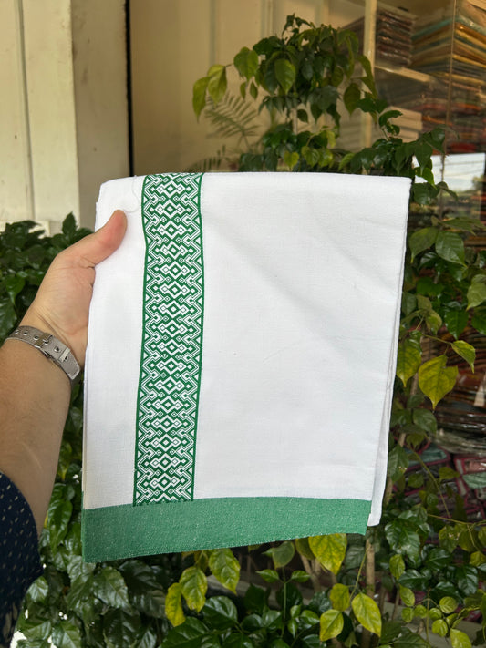 Kaitharikada - Polyster Mixed Cotton - (20s) - Pure white Single Kaily / Lungi - 2 inch Green Printed Kara with White colour body (2 meter / 4 muzham) -  1 KK8047 SAT