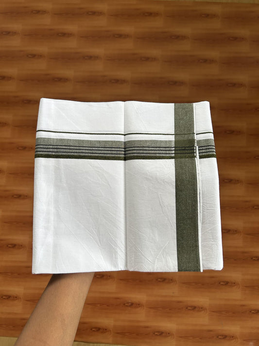 Single Mundu/Dhoti  - Pure White - 29% Discount !! KaithariKada Balaramapuram 100% Cotton - Twisted 60s Thread - 0.5 Cm  Black & Dark Olive Green Shaded Striped Kara (2 meter / 4 muzham) - 58 KK5393 GL