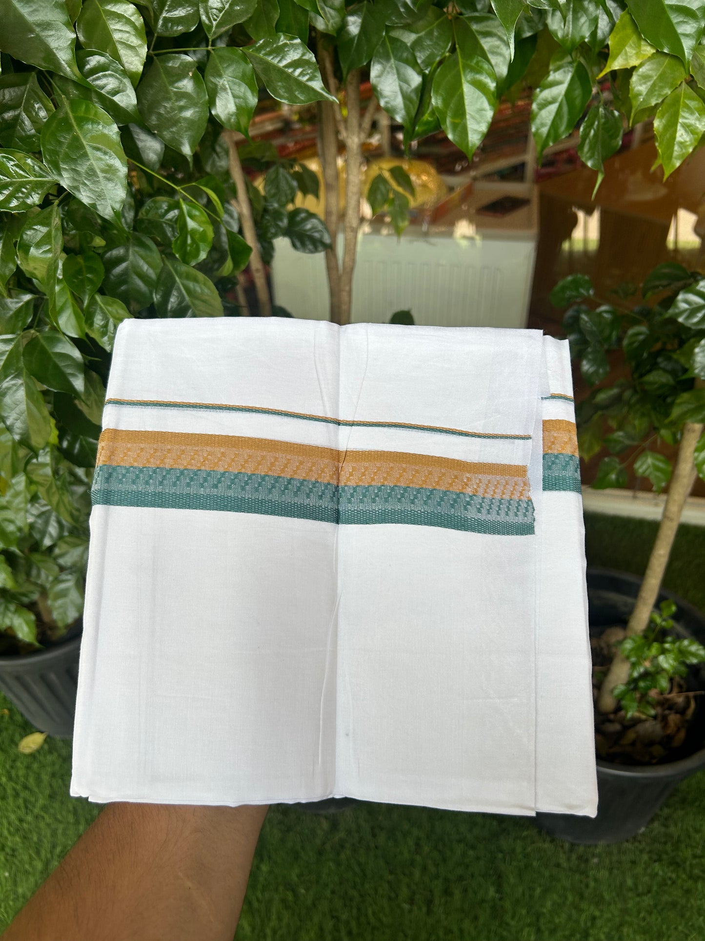 20% Discount ! Kaitharikada Balaramapuram 100% Cotton Pure White Double Mundu/Dothi - 100x80 - 1.5 inch Mustard Yellow & Peacock Green Design Kara 3.80 mtr (8 muzham) - 19 KK5359 THI