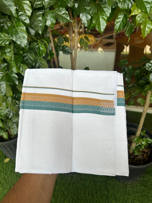 20% Discount ! Kaitharikada Balaramapuram 100% Cotton Pure White Double Mundu/Dothi - 100x80 - 1.5 inch Mustard Yellow & Peacock Green Design Kara 3.80 mtr (8 muzham) - 19 KK5359 THI