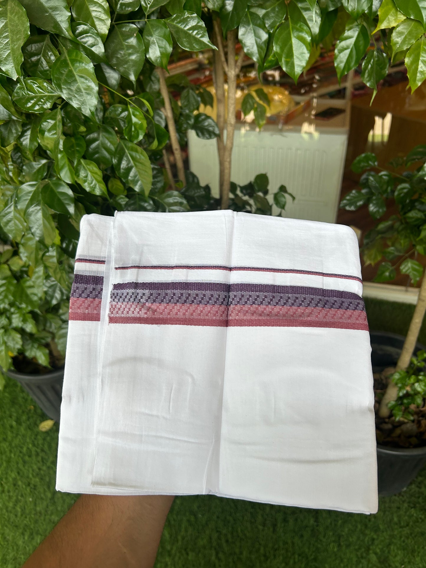 20% Discount ! Kaitharikada Balaramapuram 100% Cotton Pure White Double Mundu/Dothi - 100x80 - 1.5 inch Wine Purple & Grape Wine Design Kara 3.80 mtr (8 muzham) - 24 KK5359 THI