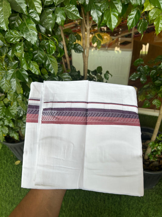 20% Discount ! Kaitharikada Balaramapuram 100% Cotton Pure White Double Mundu/Dothi - 100x80 - 1.5 inch Wine Purple & Grape Wine Design Kara 3.80 mtr (8 muzham) - 24 KK5359 THI
