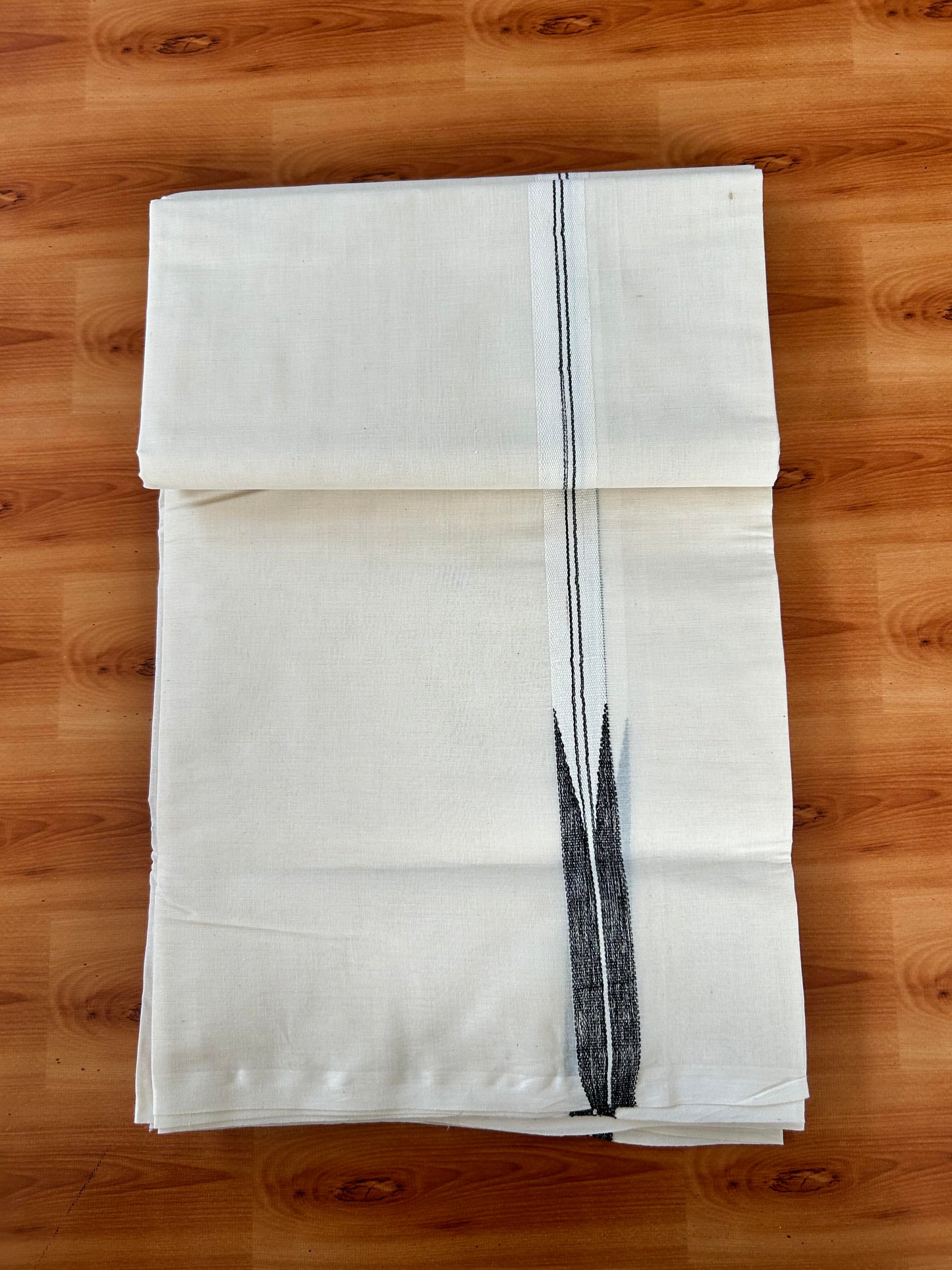 Double Off white Mundu/Dhoti - 20% Discount! KaithariKada Balaramapuram 100% Cotton - 100x100 - 1 inch Puliyilakkara Silver Kasav & Black Shaded Chutty Kara 4 mtr (8.5 muzham) - 5 KK5442 ASH