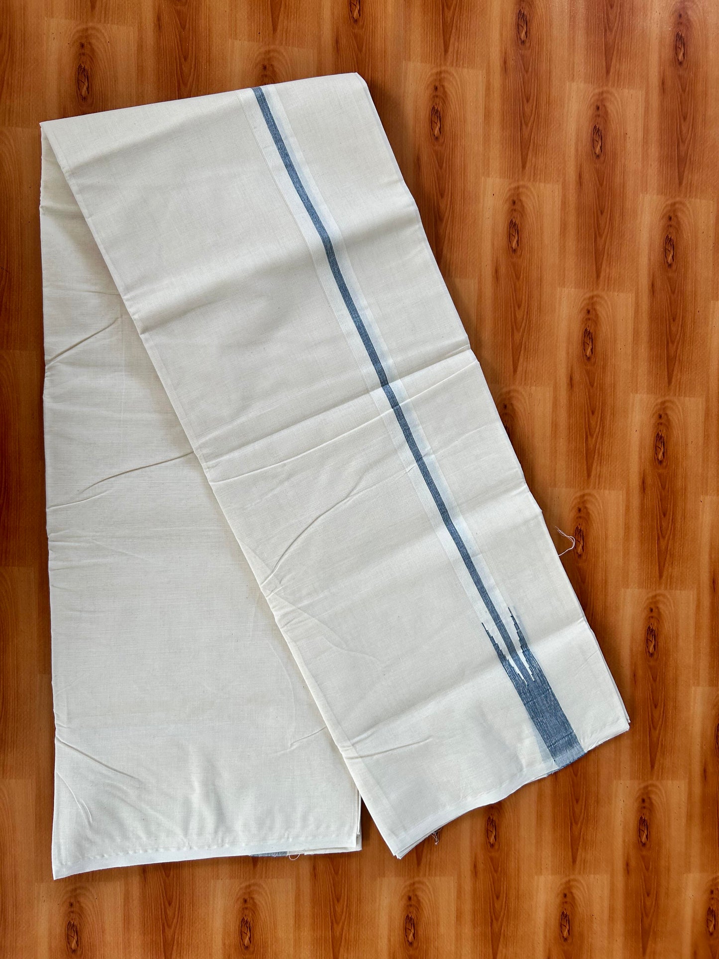 Double Off white Mundu/Dhoti - 20% Discount! KaithariKada Balaramapuram 100% Cotton - 100x100 - 1.25 inch Puliyilakkara Silver Kasav & Blue Shaded Chutty Kara 4 mtr (8.5 muzham) - 3 KK5442 ASH
