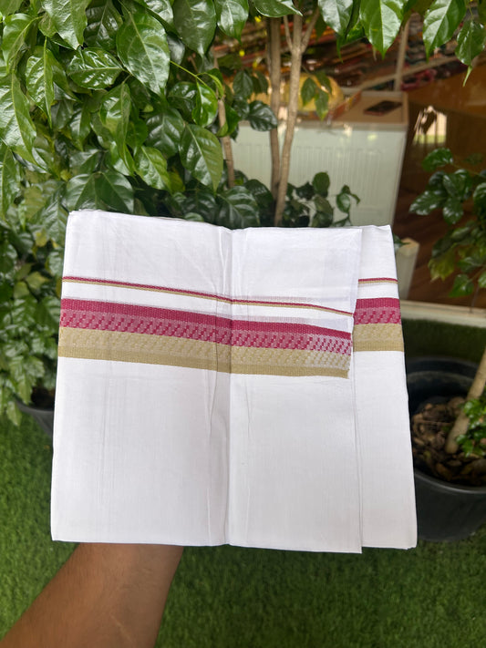 20% Discount ! Kaitharikada Balaramapuram 100% Cotton Pure White Double Mundu/Dothi - 100x80 - 1.5 inch Dark Rose & Khaki Design Kara 3.80 mtr (8 muzham) - 26 KK5359 THI