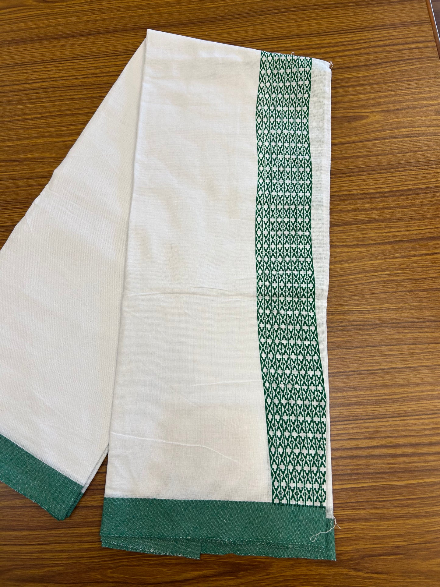 Kaitharikada - Polyster Mixed Cotton - (20s) - Pure white Single Kaily / Lungi - 2.75 inch Green Printed Kara with White colour body (2 meter / 4 muzham) - 6 KK8047 SAT