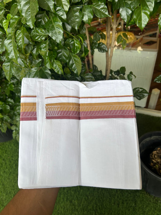 20% Discount ! Kaitharikada Balaramapuram 100% Cotton Pure White Double Mundu/Dothi - 100x80 - 1.5 inch Light Maroon & Mustard Design Kara 3.80 mtr (8 muzham) - 35 KK5359 THI