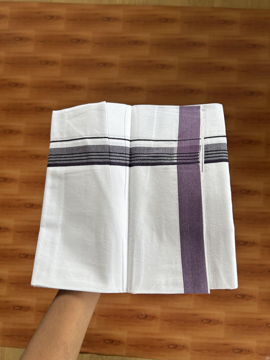 Single Mundu/Dhoti  - Pure White - 29% Discount !! KaithariKada Balaramapuram 100% Cotton - Twisted 60s Thread - 0.5 Cm  Black & Purple Shaded Striped Kara (2 meter / 4 muzham) - 61 KK5393 GL