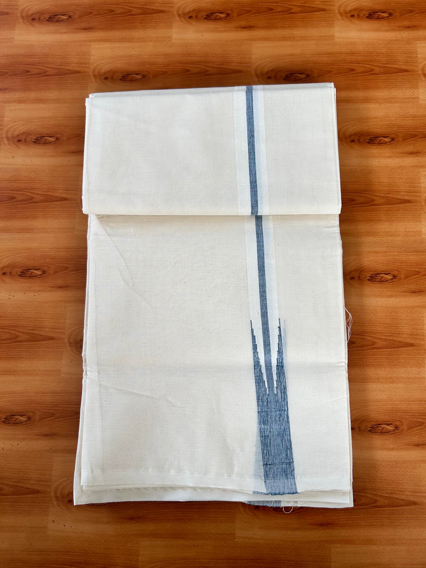 Double Off white Mundu/Dhoti - 20% Discount! KaithariKada Balaramapuram 100% Cotton - 100x100 - 1.25 inch Puliyilakkara Silver Kasav & Blue Shaded Chutty Kara 4 mtr (8.5 muzham) - 3 KK5442 ASH