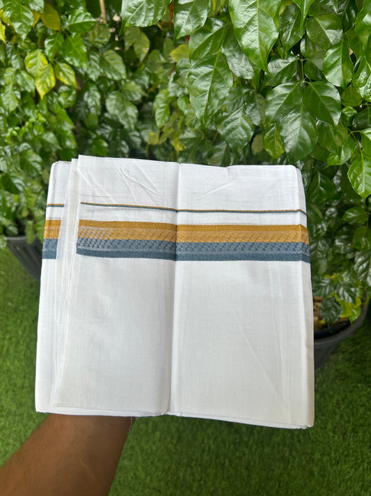 20% Discount ! Kaitharikada Balaramapuram 100% Cotton Pure White Double Mundu/Dothi - 100x80 - 1.5 inch Mustard Yellow & Dark Blue Design Kara 3.80 mtr (8 muzham) - 29 KK5359 THI