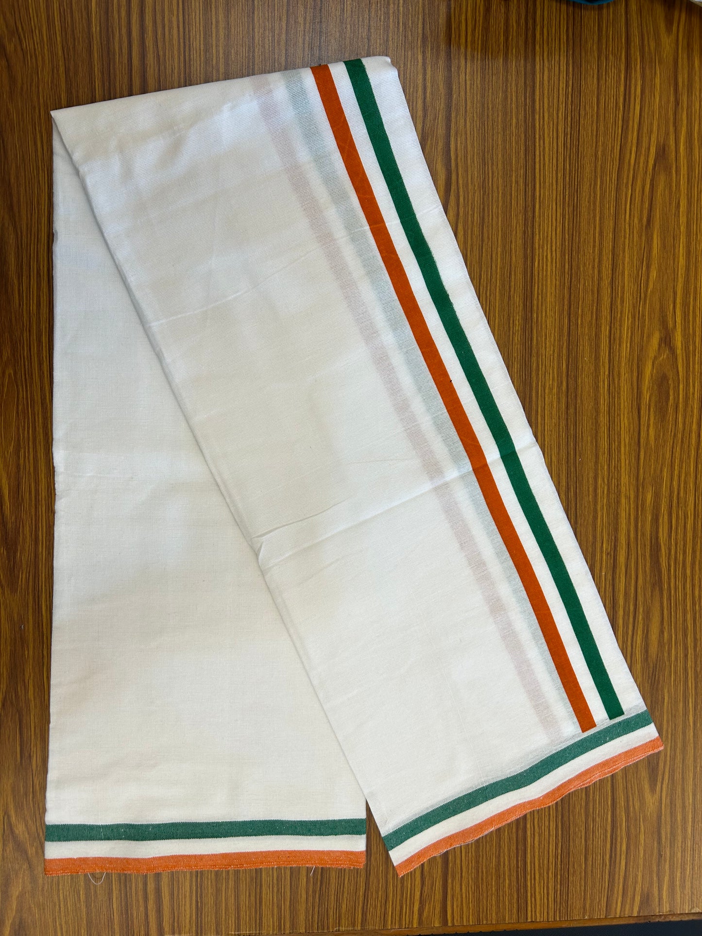 Congress Veshti - Kaitharikada - Polyster Mixed Cotton - (20s) - Pure white Single Kaily / Lungi - 1.5 inch Orange White & Green Kara with White colour body (2 meter / 4 muzham) - 13 KK8047 SAT