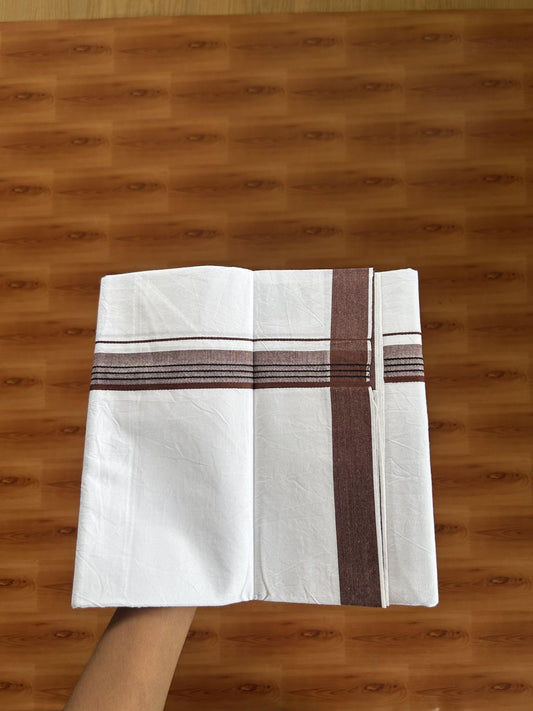 Single Mundu/Dhoti  - Pure White - 29% Discount !! KaithariKada Balaramapuram 100% Cotton - Twisted 60s Thread - 0.5 Cm  Black & Chocolate Brown Shaded Striped Kara (2 meter / 4 muzham) - 60 KK5393 GL