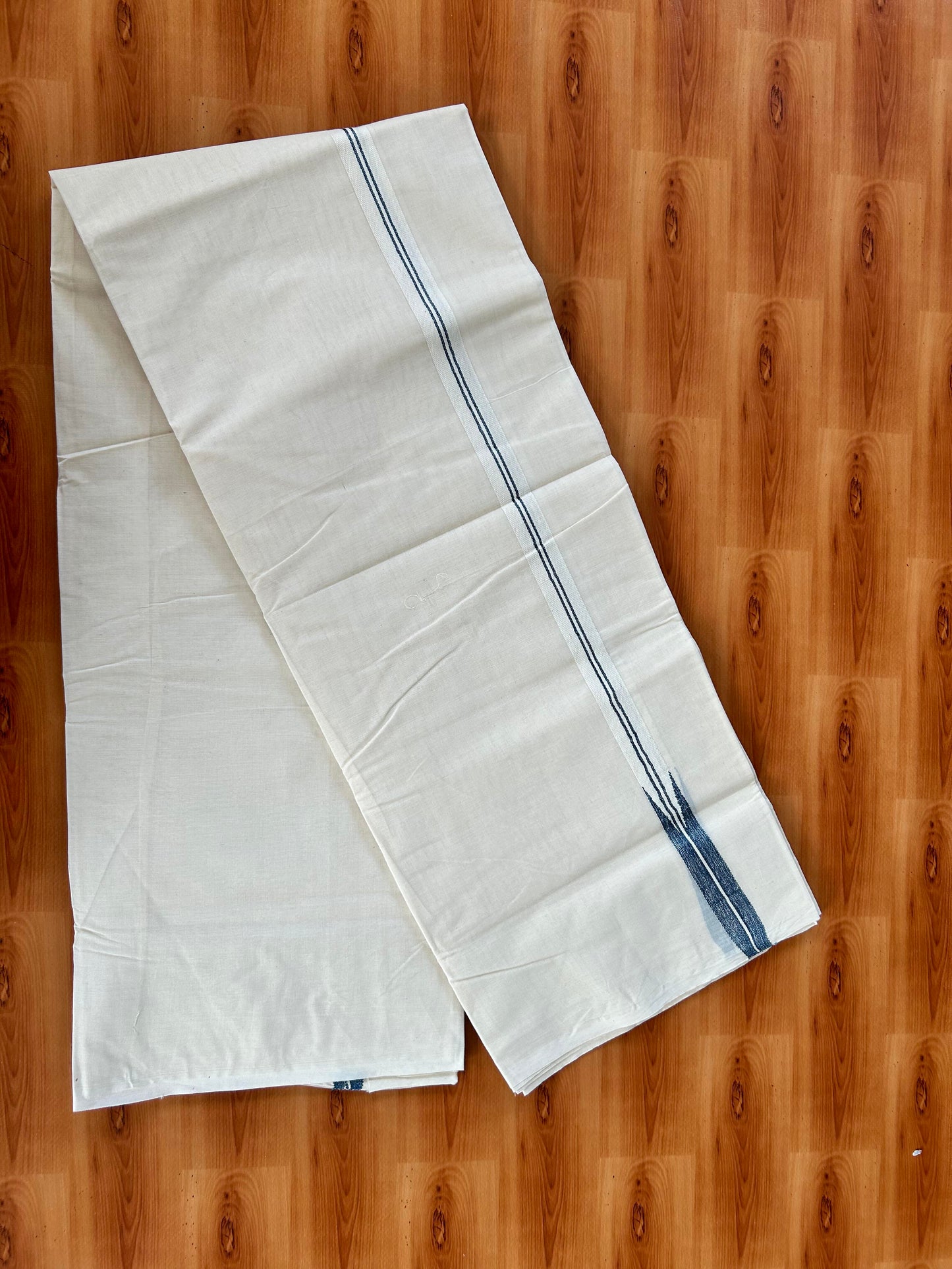Double Off white Mundu/Dhoti - 20% Discount! KaithariKada Balaramapuram 100% Cotton - 100x100 - 1 inch Puliyilakkara Silver Kasav & Peacock Blue Shaded Chutty Kara 4 mtr (8.5 muzham) - 6 KK5442 ASH