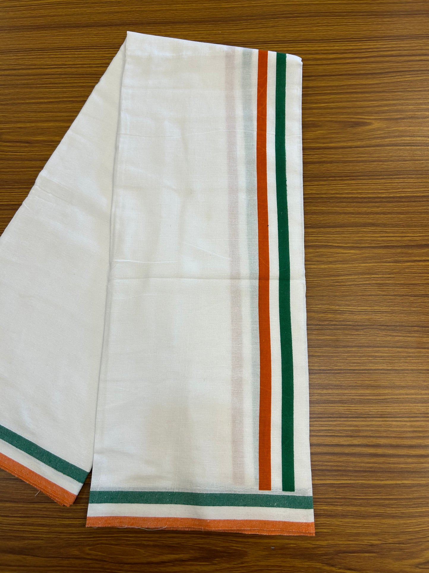 Congress Veshti - Kaitharikada - Polyster Mixed Cotton - (20s) - Pure white Single Kaily / Lungi - 1.5 inch Orange White & Green Kara with White colour body (2 meter / 4 muzham) - 13 KK8047 SAT