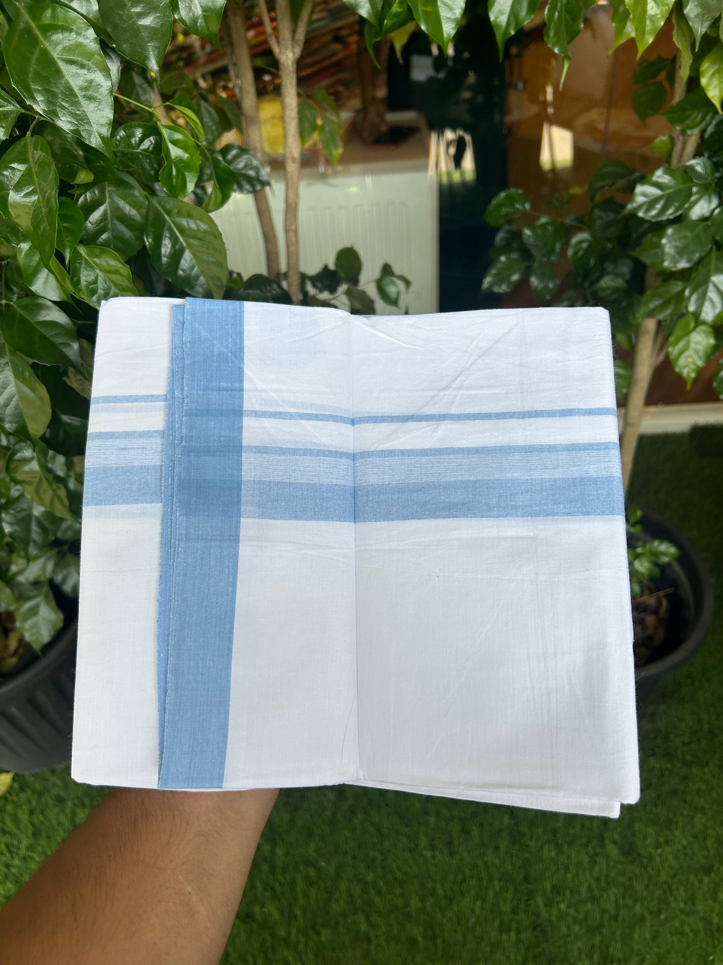 KaithariKada Balaramapuram 100% Cotton Single Pure White Mundu/Dhoti - (40s) - 1.5 inch Light Blue Shaded Stripes kara 2 mtr (4 muzham) - 60 KK5359 THI