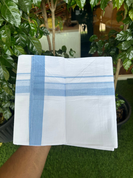KaithariKada Balaramapuram 100% Cotton Single Pure White Mundu/Dhoti - (40s) - 1.5 inch Light Blue Shaded Stripes kara 2 mtr (4 muzham) - 60 KK5359 THI