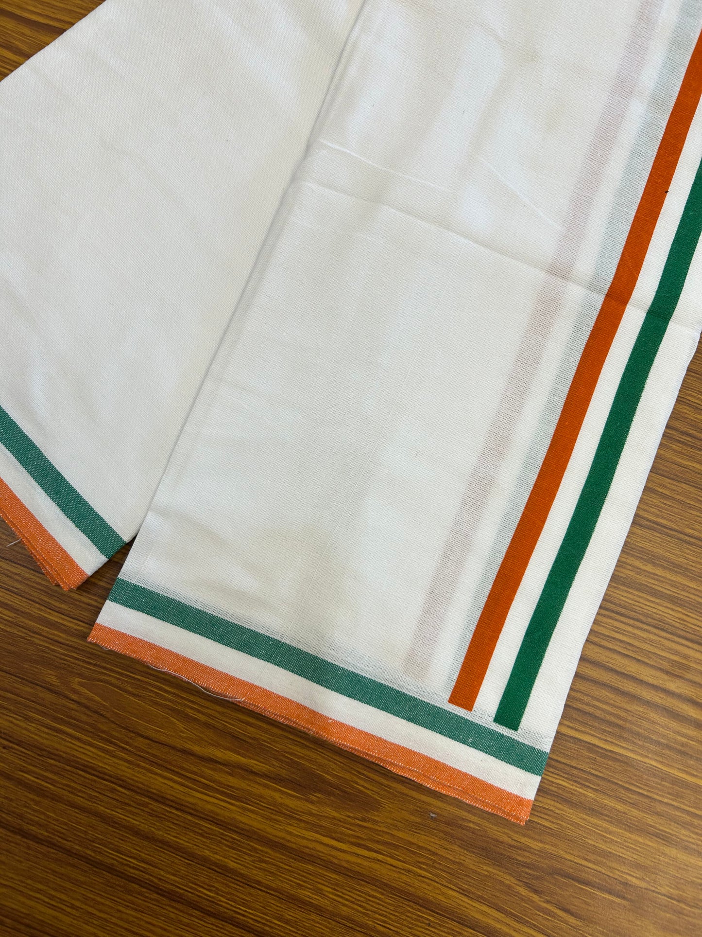 Congress Veshti - Kaitharikada - Polyster Mixed Cotton - (20s) - Pure white Single Kaily / Lungi - 1.5 inch Orange White & Green Kara with White colour body (2 meter / 4 muzham) - 13 KK8047 SAT
