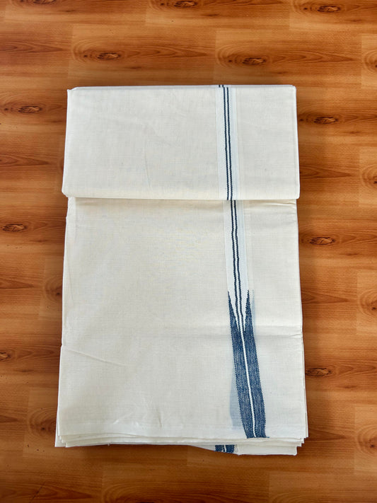Double Off white Mundu/Dhoti - 20% Discount! KaithariKada Balaramapuram 100% Cotton - 100x100 - 1 inch Puliyilakkara Silver Kasav & Peacock Blue Shaded Chutty Kara 4 mtr (8.5 muzham) - 6 KK5442 ASH