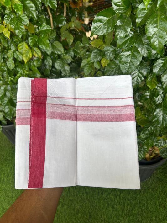 KaithariKada Balaramapuram 100% Cotton Single Pure White Mundu/Dhoti - (40s) - 1.5 inch Maroon Red Shaded Stripes kara 2 mtr (4 muzham) - 57 KK5359 THI