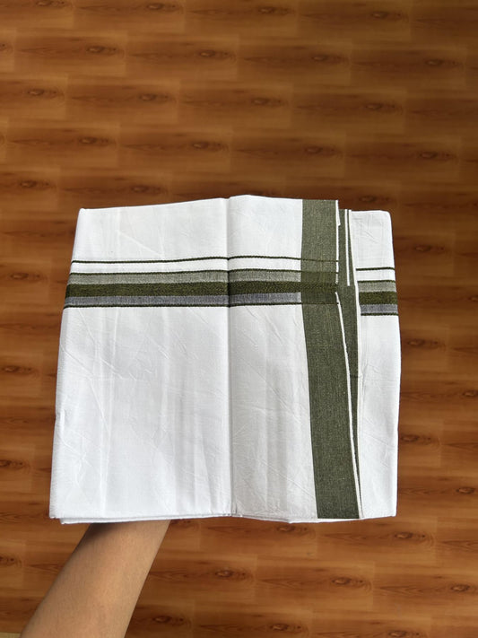 Single Mundu/Dhoti  - Pure White - 29% Discount !! KaithariKada Balaramapuram 100% Cotton - Twisted 60s Thread - 0.5 Cm  Black & Dark Olive Green Shaded Striped Kara (2 meter / 4 muzham) - 55 KK5393 GL