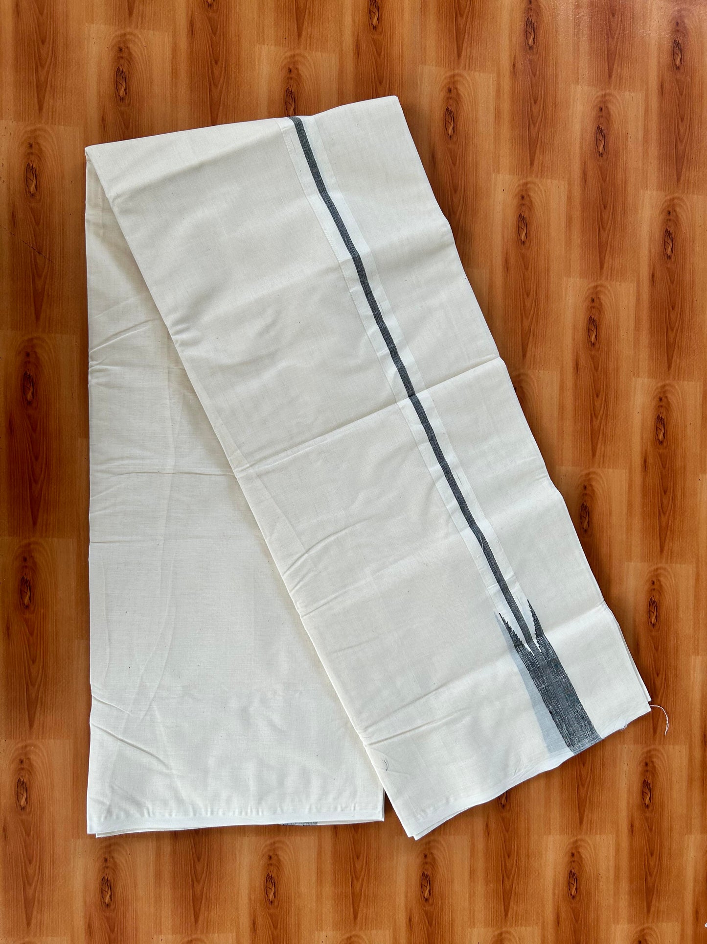 Double Off white Mundu/Dhoti - 20% Discount! KaithariKada Balaramapuram 100% Cotton - 100x100 - 1.25 inch Puliyilakkara Silver Kasav & Black Shaded Chutty Kara 4 mtr (8.5 muzham) - 2 KK5442 ASH