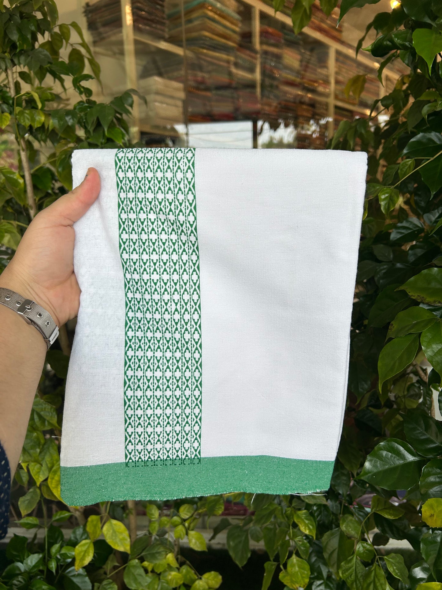 Kaitharikada - Polyster Mixed Cotton - (20s) - Pure white Single Kaily / Lungi - 2.75 inch Green Printed Kara with White colour body (2 meter / 4 muzham) - 6 KK8047 SAT