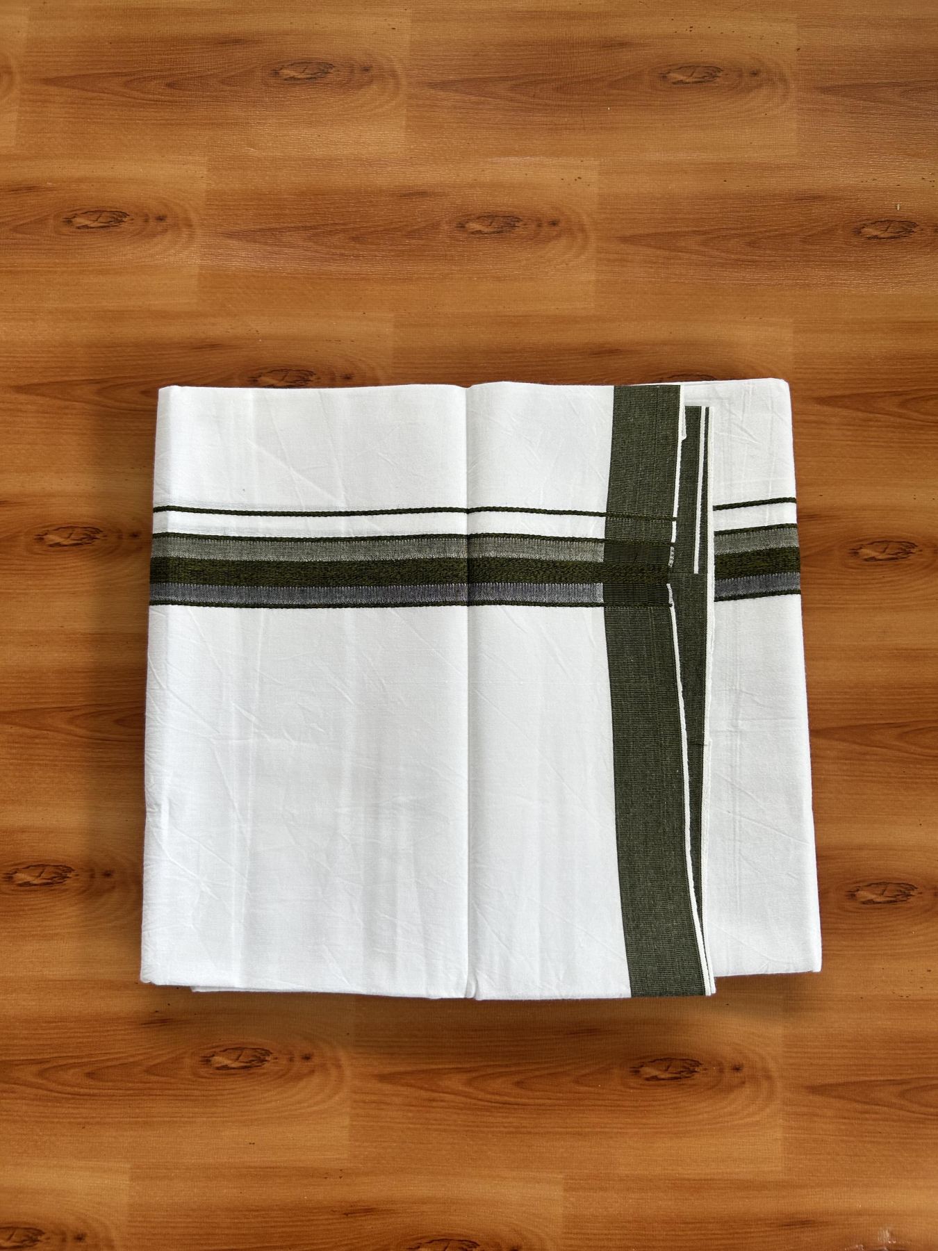Single Mundu/Dhoti  - Pure White - 29% Discount !! KaithariKada Balaramapuram 100% Cotton - Twisted 60s Thread - 0.5 Cm  Black & Dark Olive Green Shaded Striped Kara (2 meter / 4 muzham) - 55 KK5393 GL