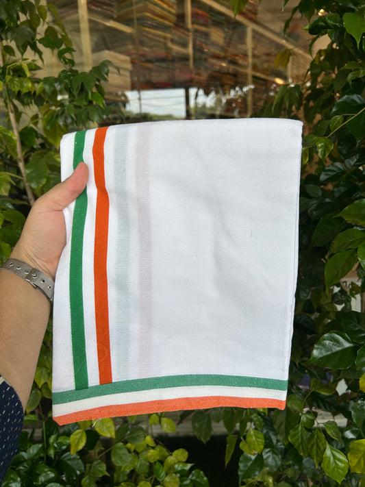 Congress Veshti - Kaitharikada - Polyster Mixed Cotton - (20s) - Pure white Single Kaily / Lungi - 1.5 inch Orange White & Green Kara with White colour body (2 meter / 4 muzham) - 13 KK8047 SAT