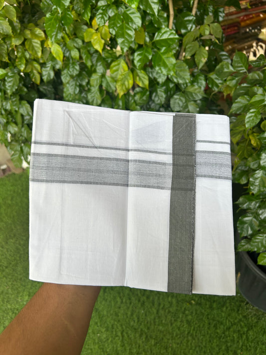 KaithariKada Balaramapuram 100% Cotton Single Pure White Mundu/Dhoti - (40s) - 1.5 inch Black Olive Shaded Stripes kara 2 mtr (4 muzham) - 55 KK5359 THI