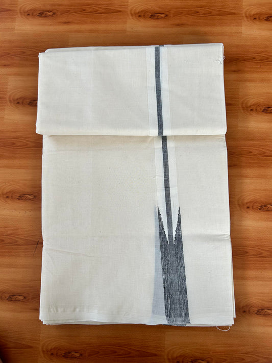 Double Off white Mundu/Dhoti - 20% Discount! KaithariKada Balaramapuram 100% Cotton - 100x100 - 1.25 inch Puliyilakkara Silver Kasav & Black Shaded Chutty Kara 4 mtr (8.5 muzham) - 2 KK5442 ASH