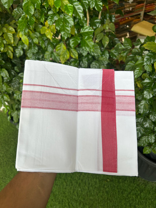 KaithariKada Balaramapuram 100% Cotton Single Pure White Mundu/Dhoti - (40s) - 1.5 inch Red Shaded Stripes kara 2 mtr (4 muzham) - 52 KK5359 THI