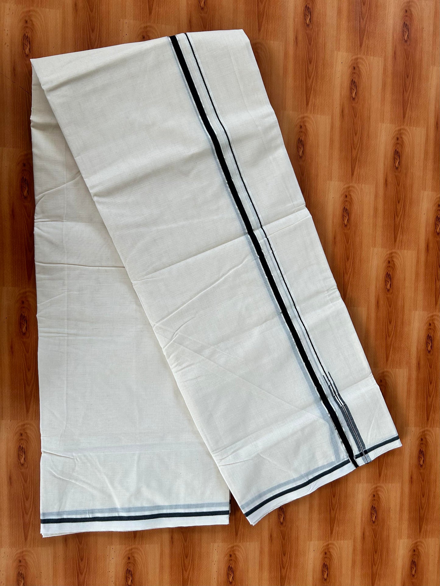 Double Off white Mundu/Dhoti - 20% Discount! KaithariKada 100% Cotton - 100x100 - 0.5 inch Puliyilakkara Silver Kasav & Black Chutty Kara 4 mtr (8.5 muzham) - 12 KK5442 ASH