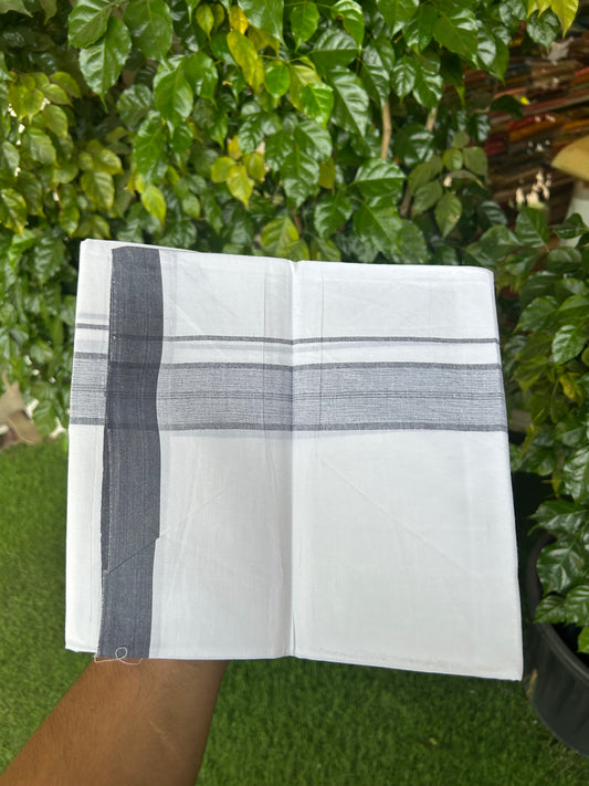 KaithariKada Balaramapuram 100% Cotton Single Pure White Mundu/Dhoti - (40s) - 1.5 inch Blue Ash Shaded Stripes kara 2 mtr (4 muzham) - 56 KK5359 THI