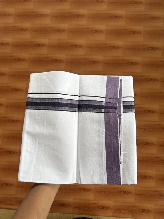 Single Mundu/Dhoti  - Pure White - 29% Discount !! KaithariKada Balaramapuram 100% Cotton - Twisted 60s Thread - 0.5 Cm  Black & Purple Shaded Striped Kara (2 meter / 4 muzham) - 53 KK5393 GL
