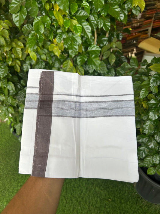 KaithariKada Balaramapuram 100% Cotton Single Pure White Mundu/Dhoti - (40s) - 1.5 inch Brown Shaded Stripes kara 2 mtr (4 muzham) - 54 KK5359 THI